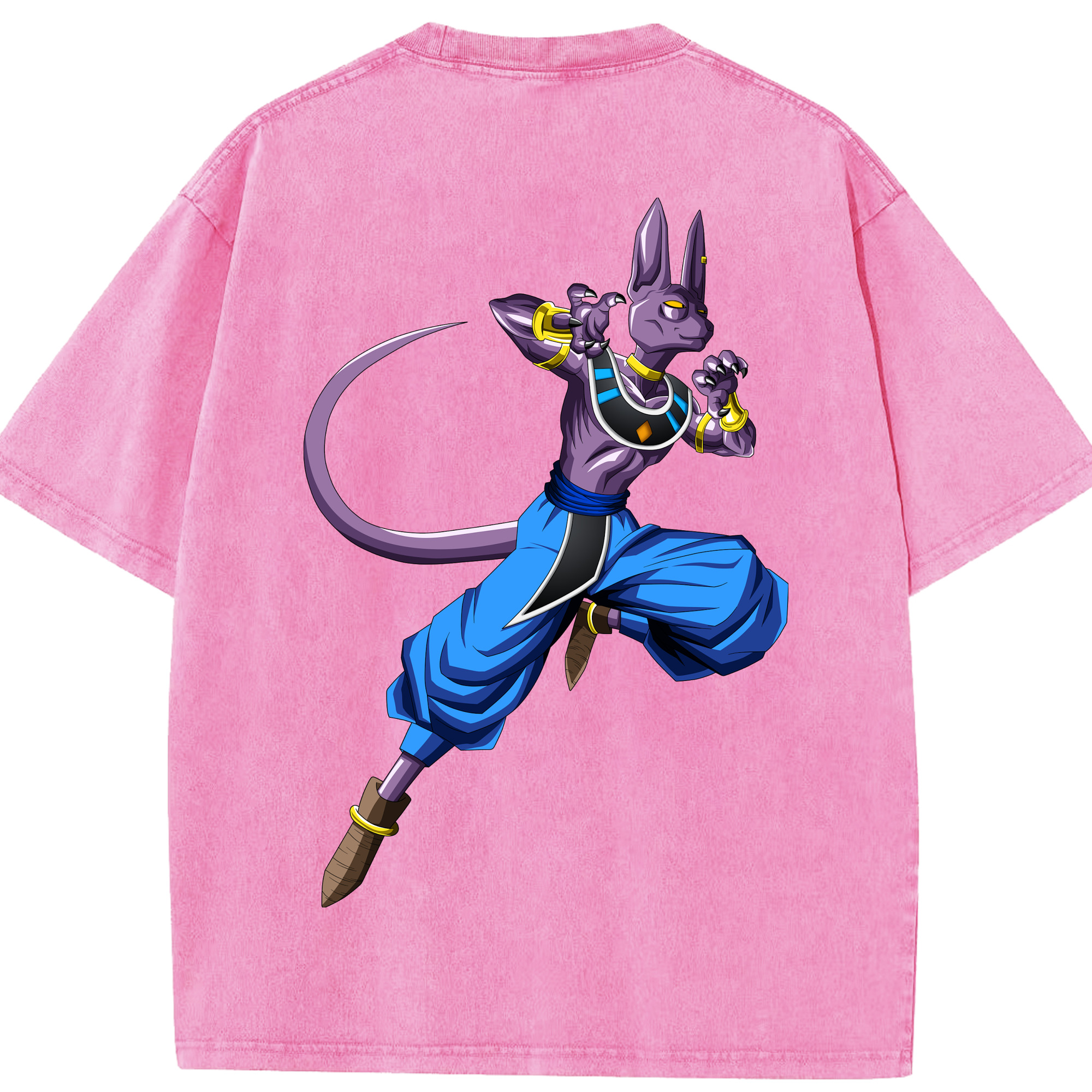 （画像用） ドラゴンボール ビルス 破壊神ビルス DRAGON BALL Beerus Birusu 綿100% ヴィンテージ風 半袖Tシャツ（背面プリント）
